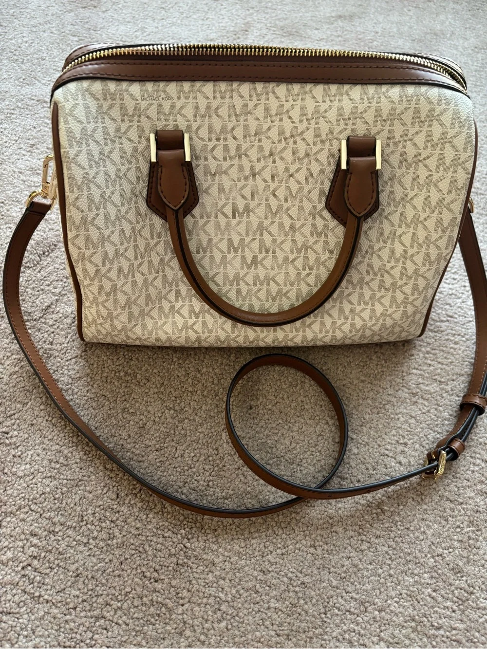 Michael Kors Cream Logo Satchel with Brown Trim and Matching Wallet